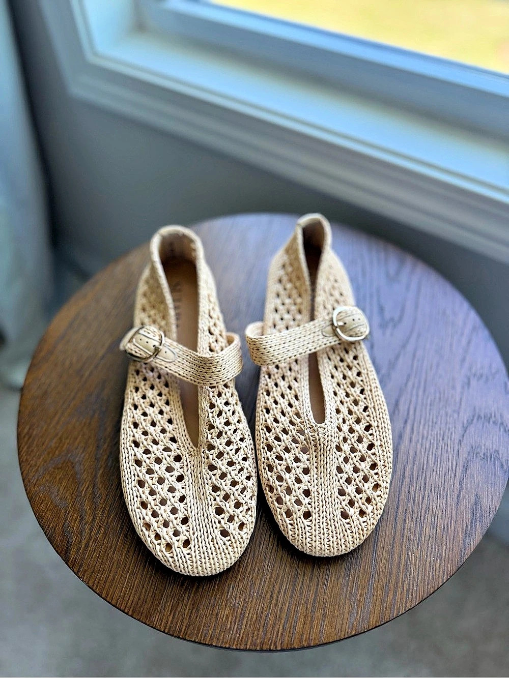 SUIARA Woven Mary Jane Flats in Beige Like New